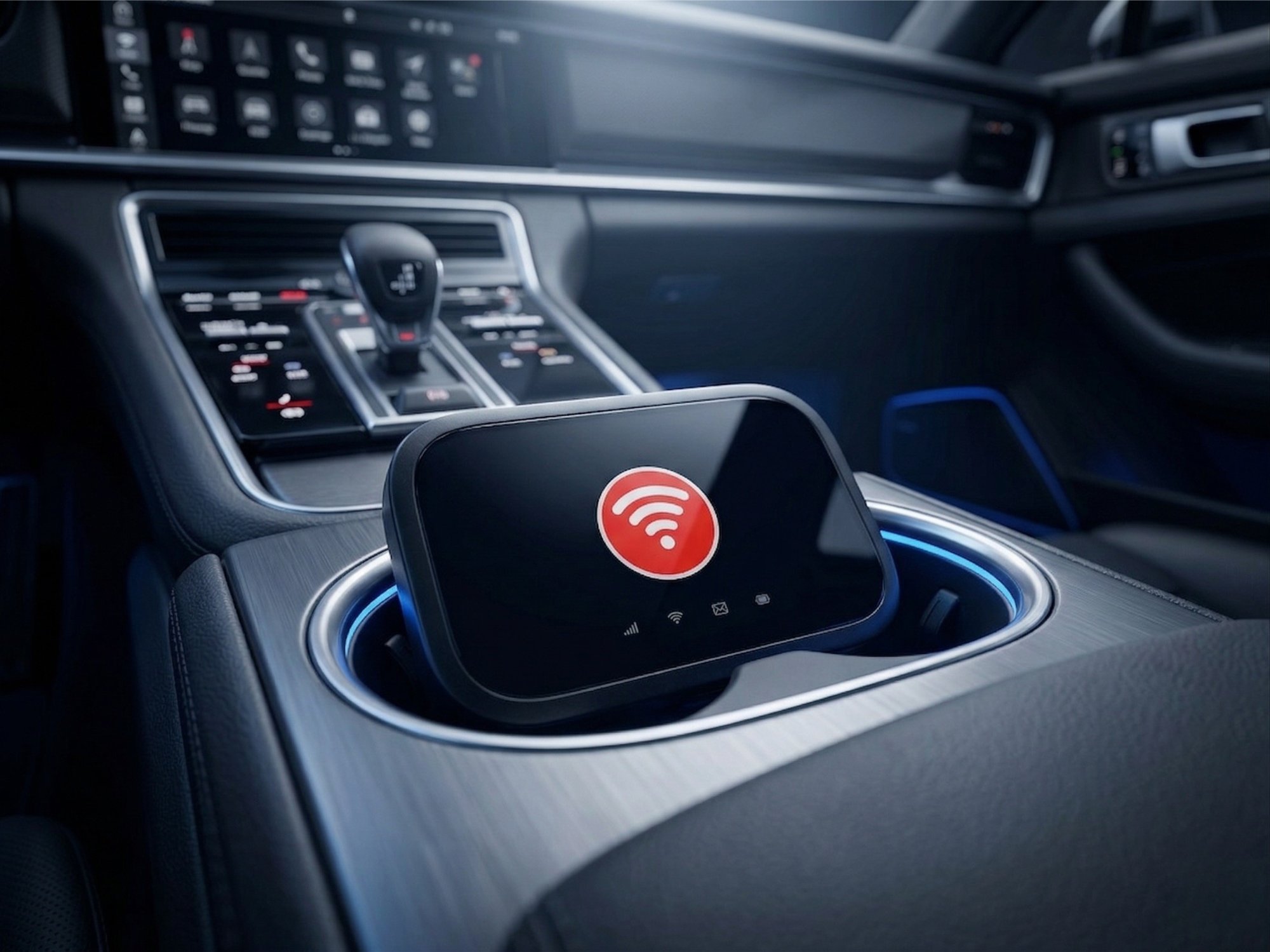 WiFi router in van dashboard cupholder