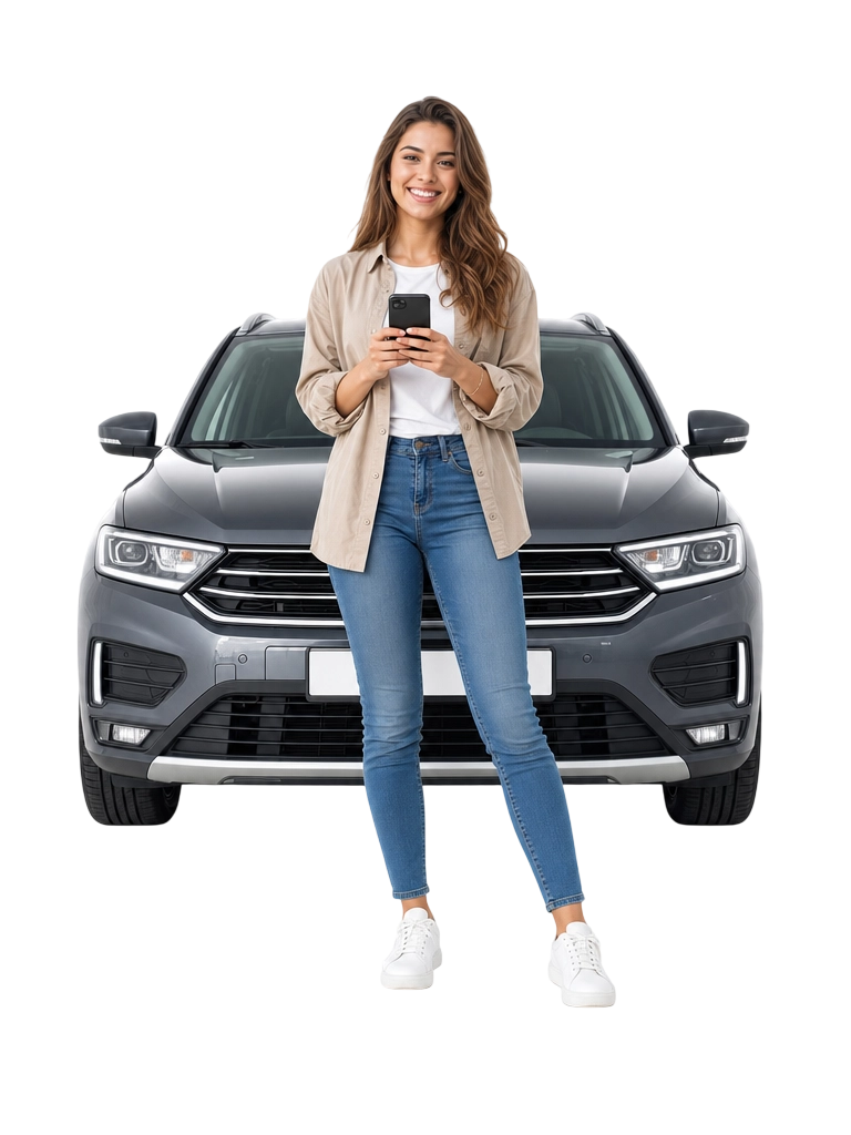 Happy woman using Car Wi-Fi in front of a car
