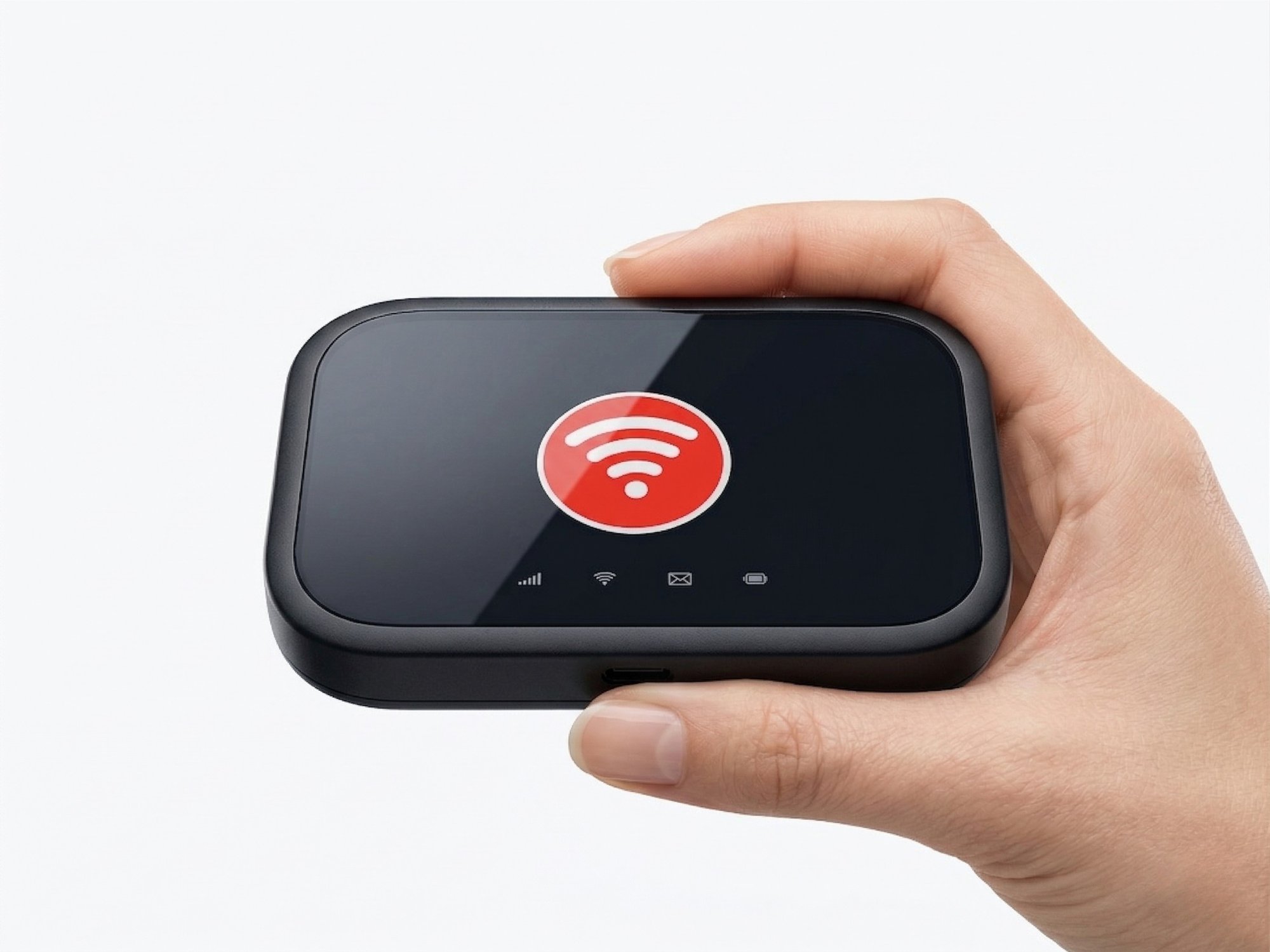 Holding Next Day Car WiFi router showing compact size