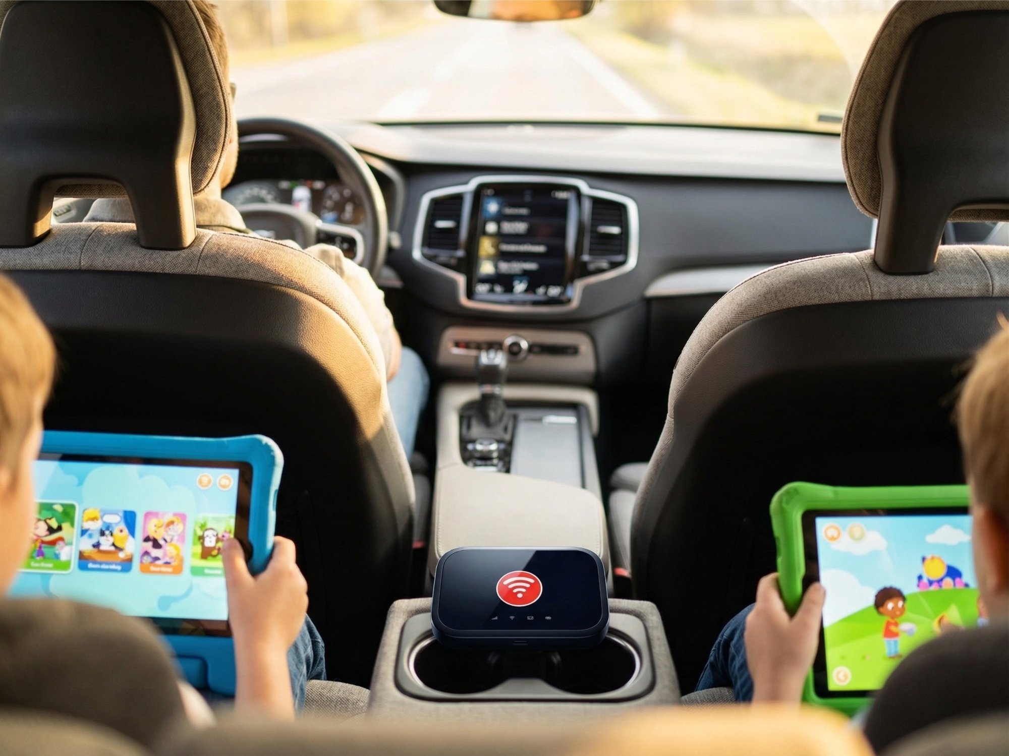 Kids streaming on tablets in the back seat with car WiFi