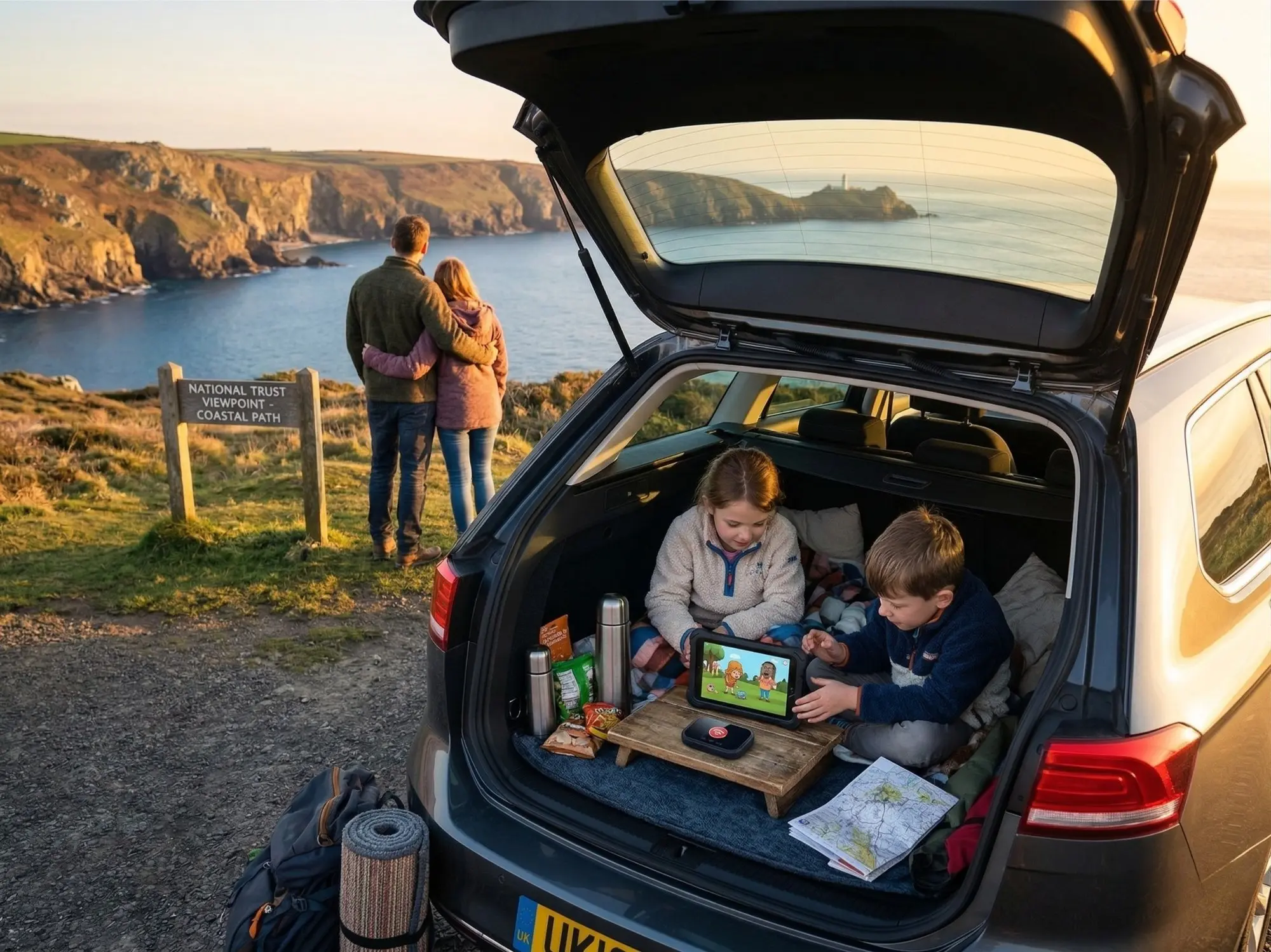 Family enjoying a coastal viewpoint with kids using a tablet in the back of the car